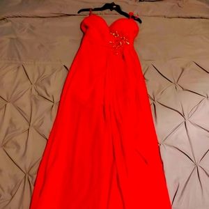 Red formal dress with rhinestones